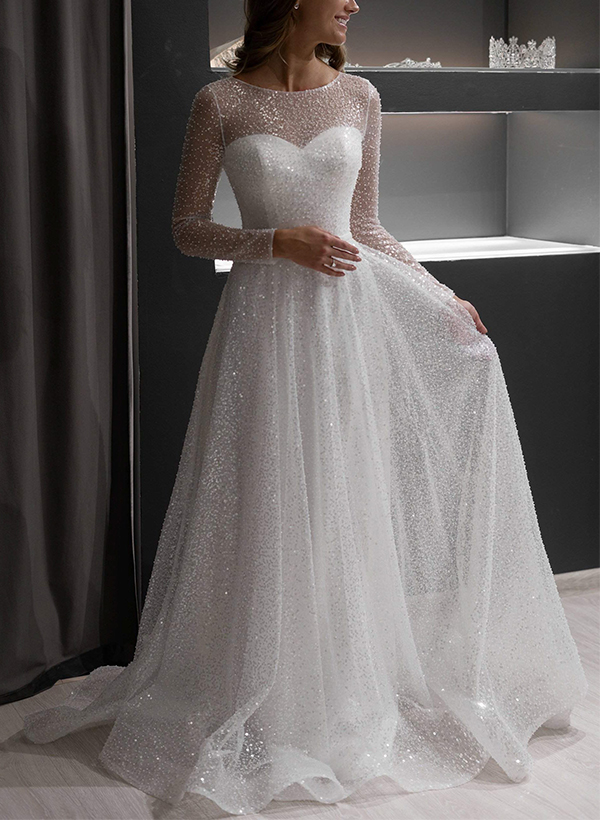 A-Line Illusion Neck Long Sleeves Sweep Train Sequined Wedding Dresses in Ivory, US2