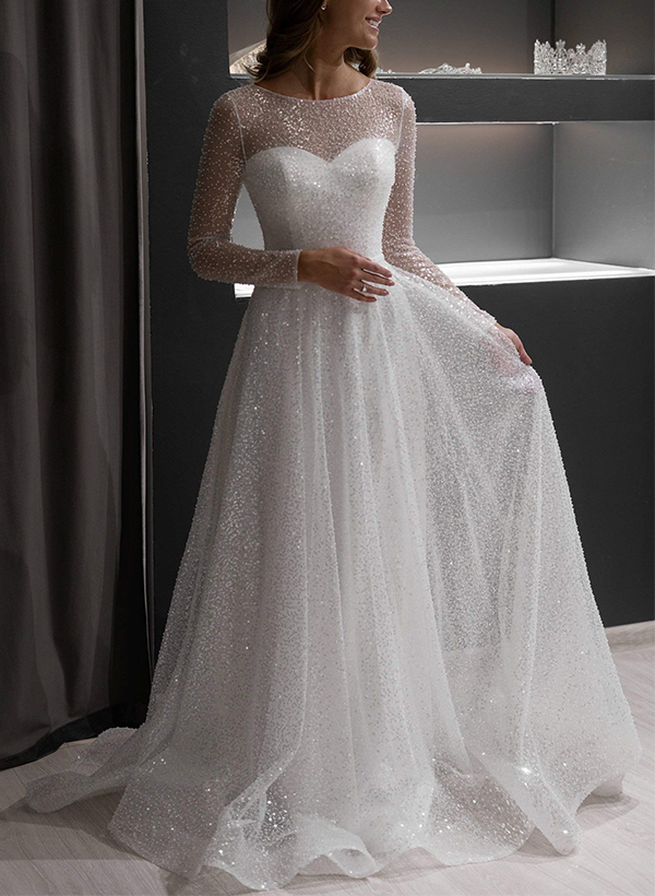A-Line Illusion Neck Long Sleeves Sweep Train Sequined Wedding Dresses in Ivory, US2