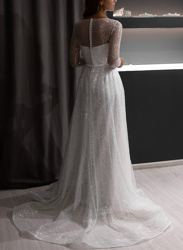A-Line Illusion Neck Long Sleeves Sweep Train Sequined Wedding Dresses, image 2