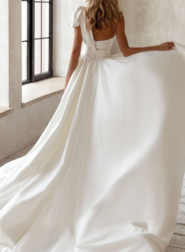 One-Shoulder Sleeveless Satin/Sequined Wedding Dresses With Bow(s), image 3