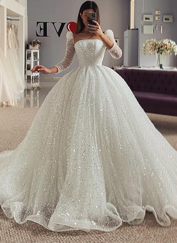 Ball-Gown Square Neckline Long Sleeves Sequined Wedding Dresses, image 1