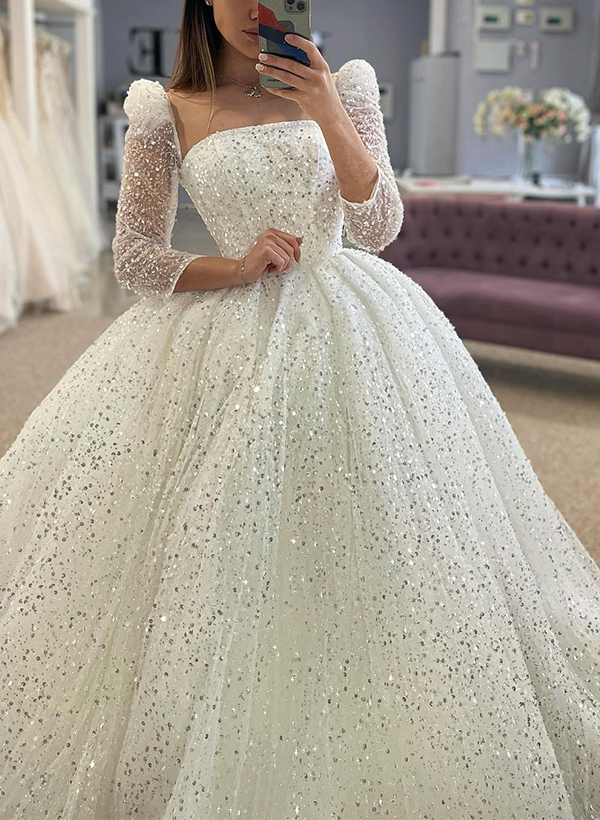 Ball-Gown Square Neckline Long Sleeves Sequined Wedding Dresses, image 2