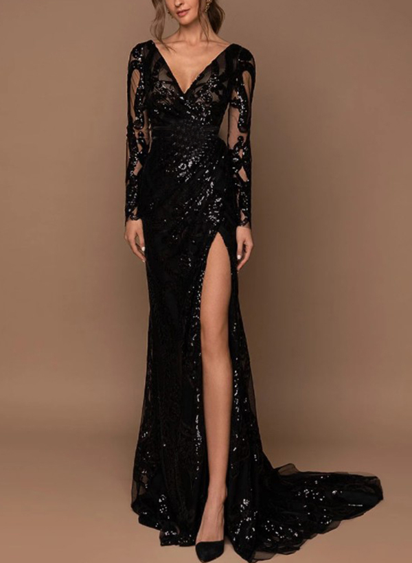 Trumpet/Mermaid V-Neck Long Sleeves Lace Mother Of The Bride Dresses With Split Front