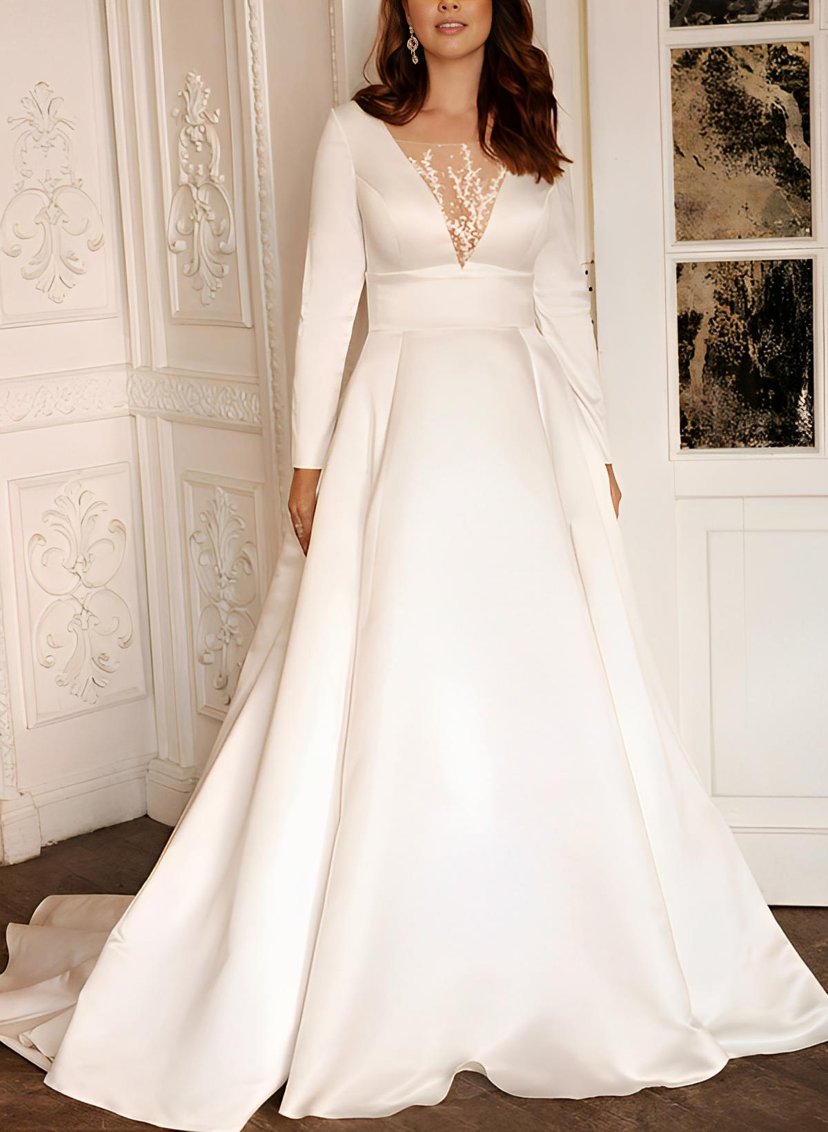 Plus Size A-Line Long Sleeves Sweep Train Satin Wedding Dresses
