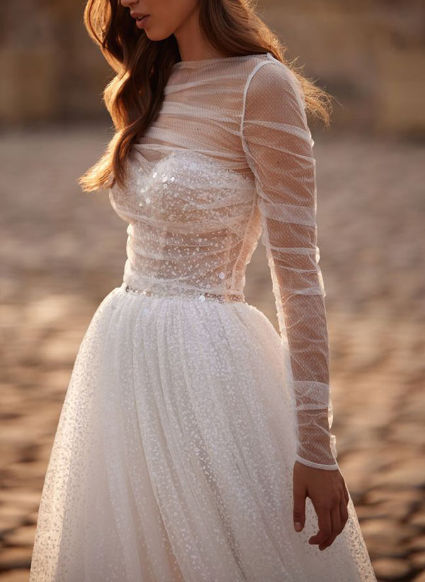 A-Line Illusion Neck Long Sleeves Sweep Train Tulle/Sequined Wedding Dresses in Ivory, US2