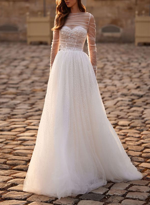 A-Line Illusion Neck Long Sleeves Sweep Train Tulle/Sequined Wedding Dresses, image 2