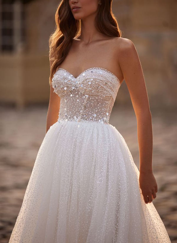 A-Line Illusion Neck Long Sleeves Sweep Train Tulle/Sequined Wedding Dresses, image 3