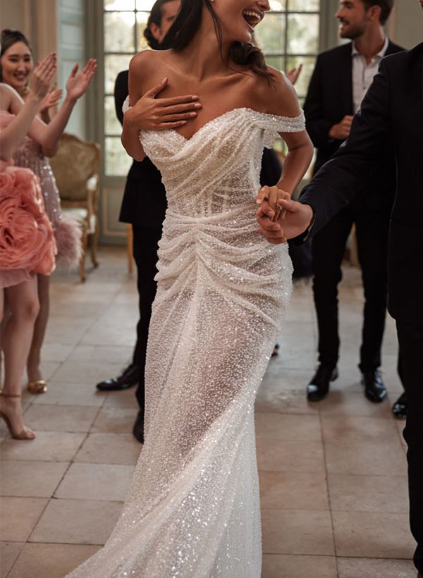 Sheath Off-The-Shoulder Sleeveless Sweep Train Sequined Wedding Dresses, image 1