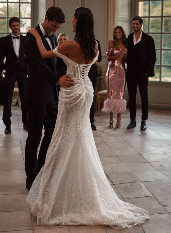 Sheath Off-The-Shoulder Sleeveless Sweep Train Sequined Wedding Dresses, image 5