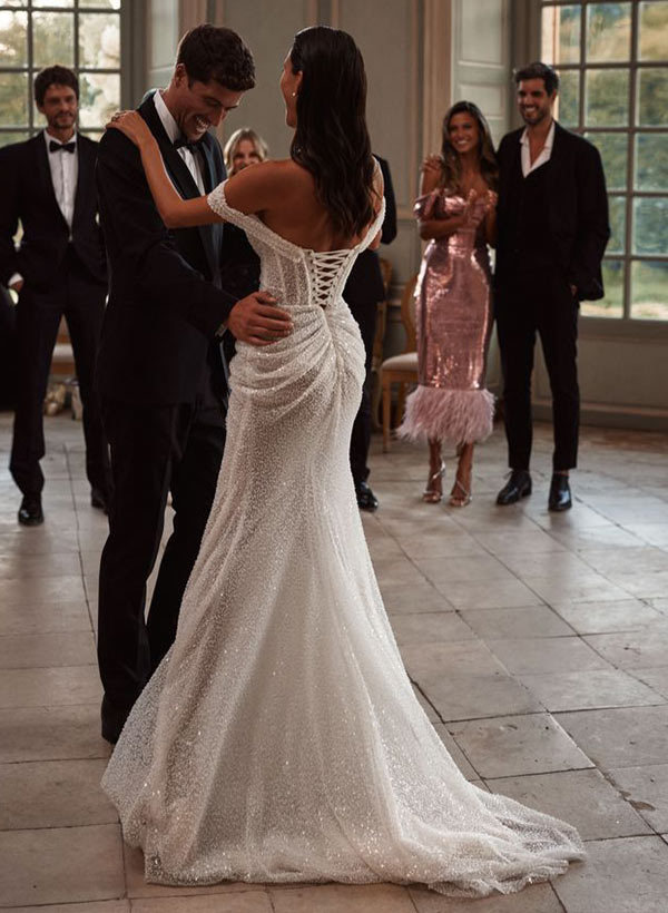 Sheath Off-The-Shoulder Sleeveless Sweep Train Sequined Wedding Dresses, image 5