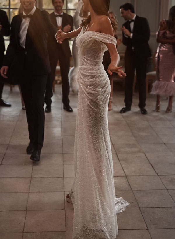 Sheath Off-The-Shoulder Sleeveless Sweep Train Sequined Wedding Dresses, image 6