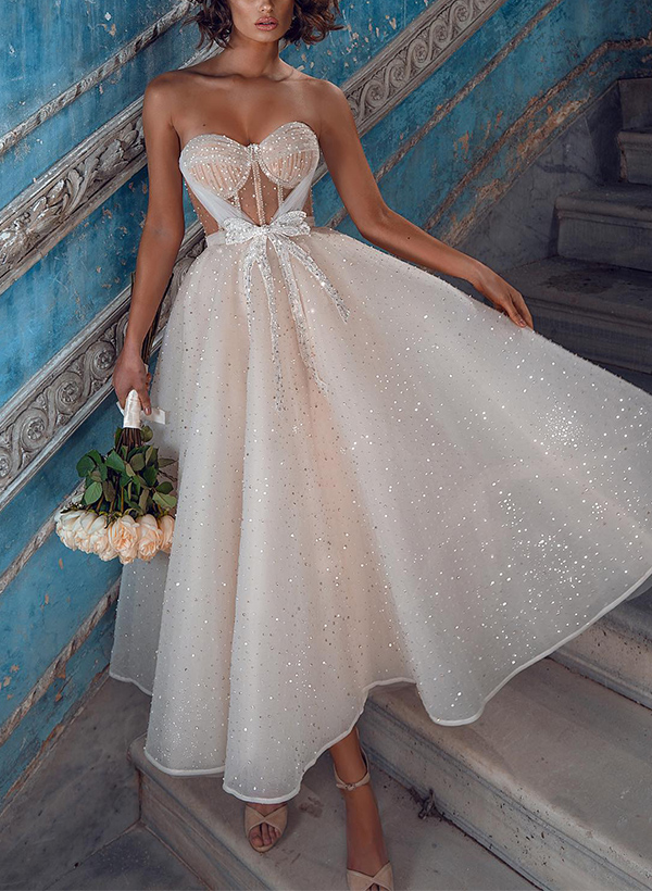 A-Line Sweetheart Sleeveless Sequined Wedding Dresses With Bow(s), image 1