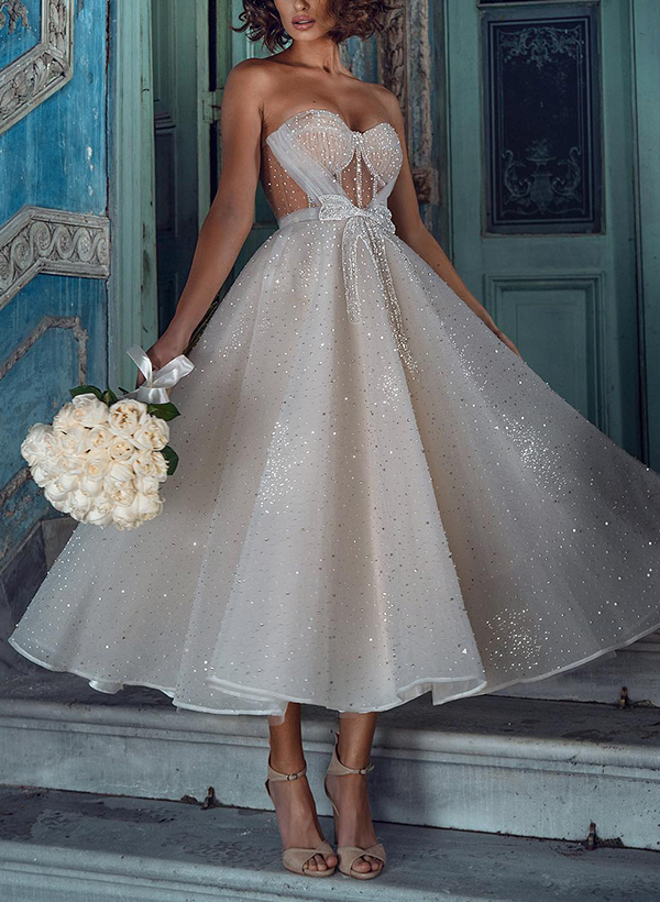 A-Line Sweetheart Sleeveless Sequined Wedding Dresses With Bow(s), image 2