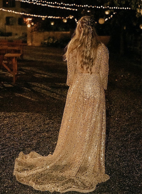 A-Line V-Neck Long Sleeves Sweep Train Sequined Wedding Dresses, image 2