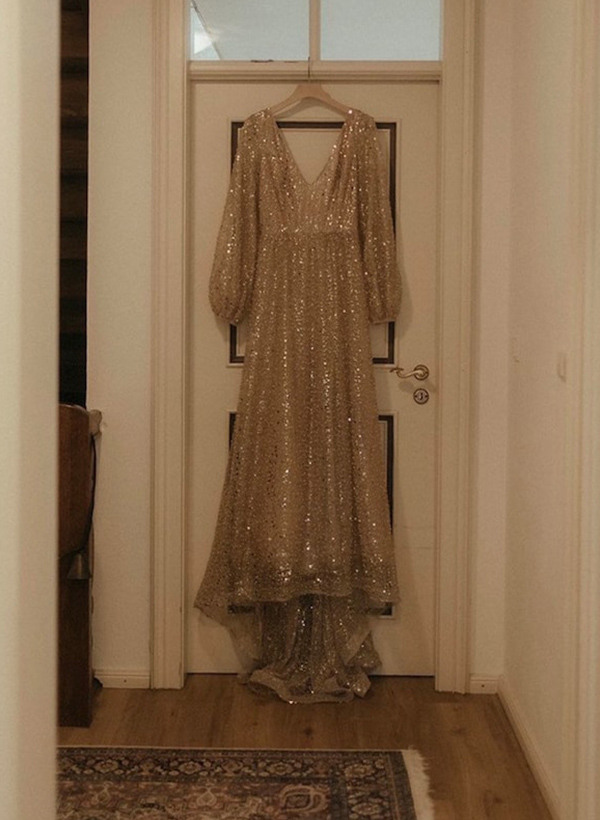 A-Line V-Neck Long Sleeves Sweep Train Sequined Wedding Dresses, image 3