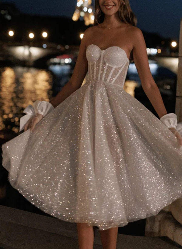 A-Line Strapless Sleeveless Tea-Length Sequined Wedding Dresses, image 3