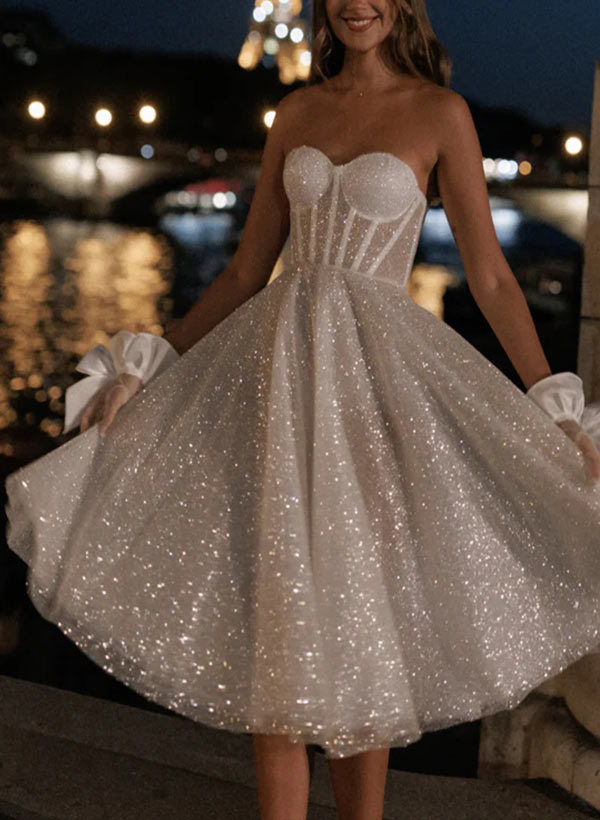 A-Line Strapless Sleeveless Tea-Length Sequined Wedding Dresses, image 3