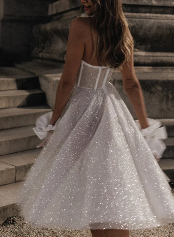 A-Line Strapless Sleeveless Tea-Length Sequined Wedding Dresses, image 7