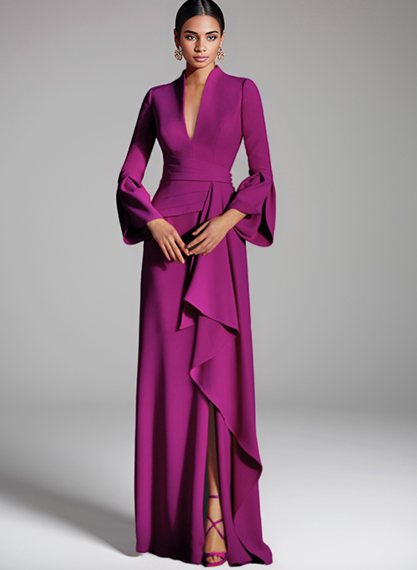Plunge Neck Bell Sleeves Elastic Satin Mother of the Bride Dresses Evening Dresses, supplier image 1