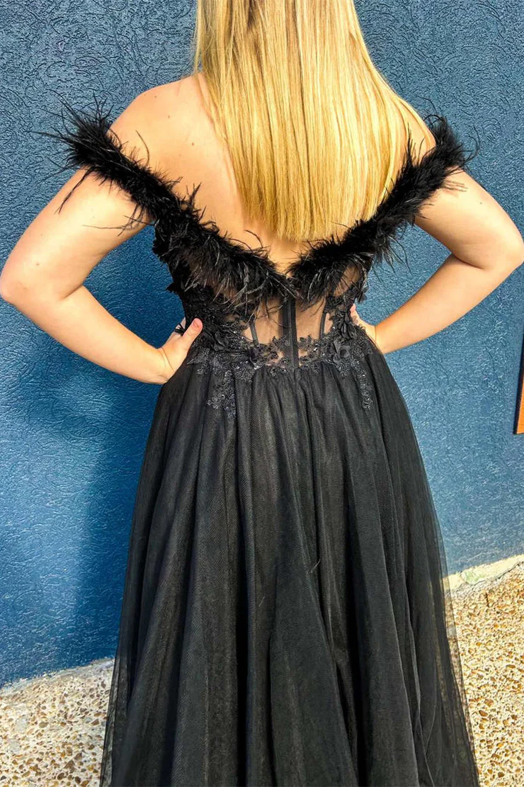 A-Line&Princess Slit Tulle Off the Shoulder Lace Appliques Feathers Long Prom Dress