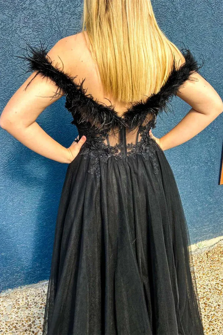 A-Line&Princess Slit Tulle Off the Shoulder Lace Appliques Feathers Long Prom Dress