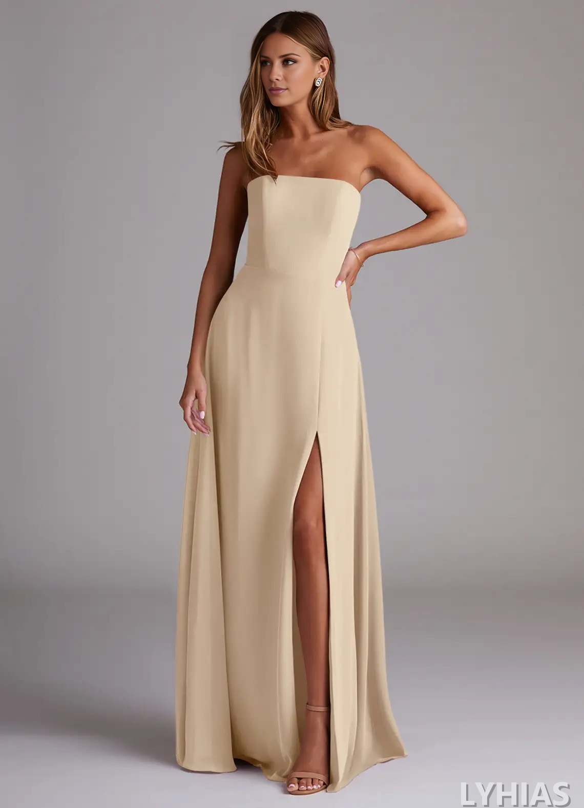 Chiffon Straight Neck A-Line Floor-Length Bridesmaid Dresses with High Slit