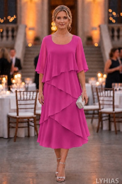 A-Line Mother of the Bride Dresses Ankle Length with Ruffles Half Sleeve Scoop Neck Chiffon Elegant
