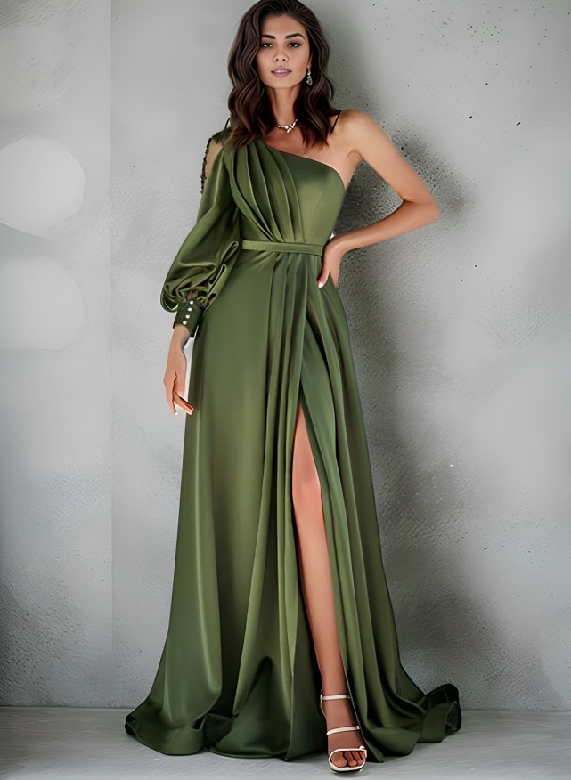 Unique One-Shoulder Long Lantern Sleeves Bridesmaid Dresses With Lace Evening Dresses in As Picture, US2