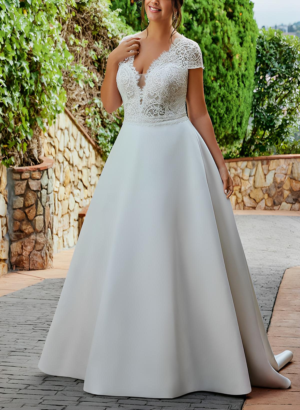 Plus Size A-Line V-Neck Short Sleeves Sweep Train Lace/Satin Wedding Dresses, product image 2