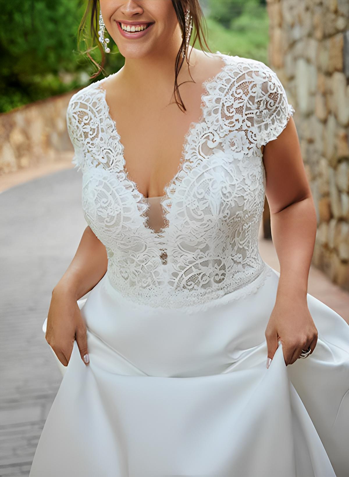 Plus Size A-Line V-Neck Short Sleeves Sweep Train Lace/Satin Wedding Dresses, product image 1