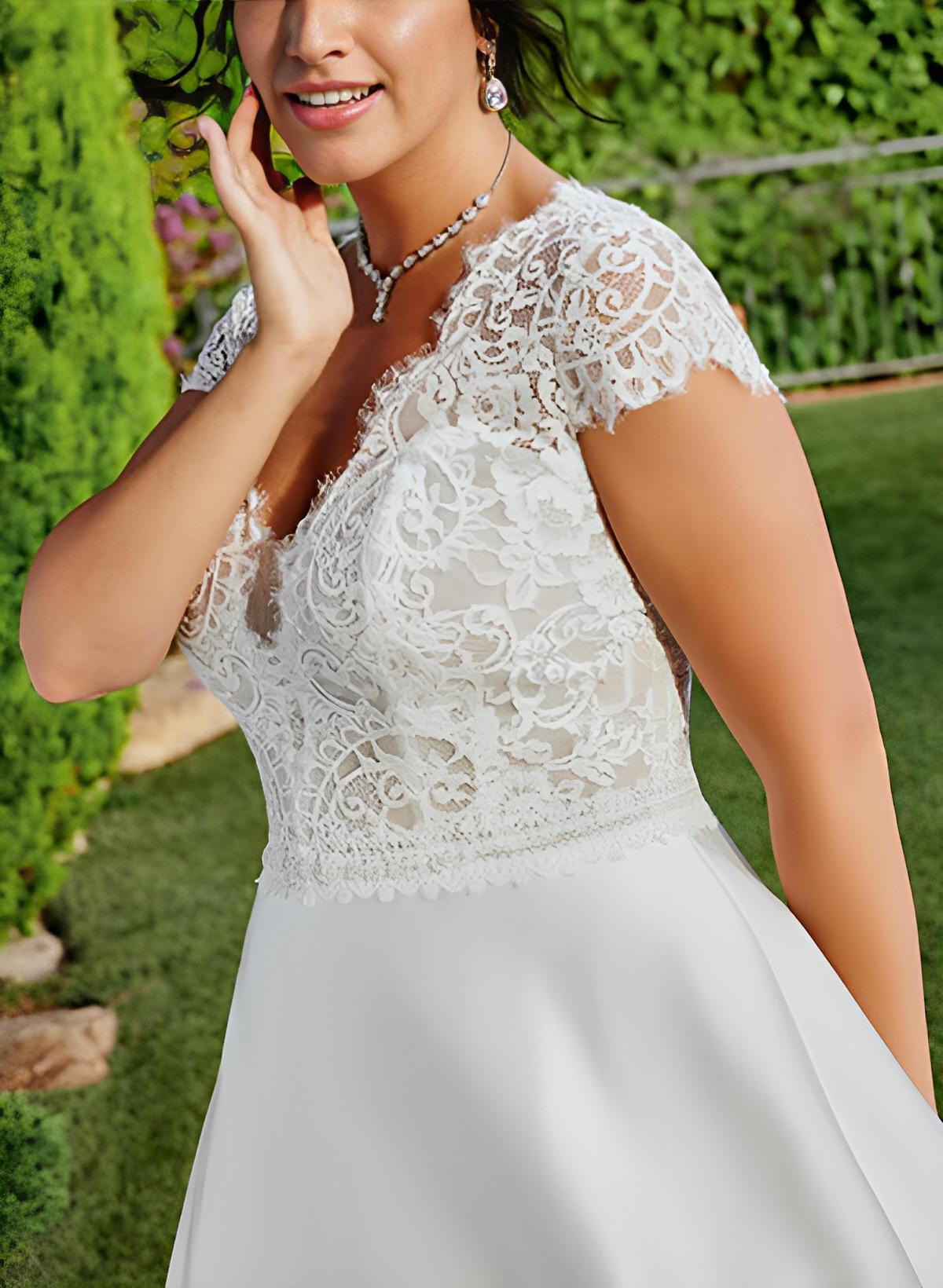 Plus Size A-Line V-Neck Short Sleeves Sweep Train Lace/Satin Wedding Dresses, product image 6