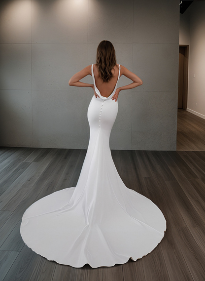 Boho/Beach V-Neck Sleeveless Sweep Train Elastic Satin Wedding Dresses