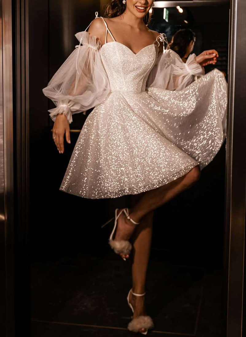 Sequined Detachable Long Sleeves Short Wedding Dresses, image 1