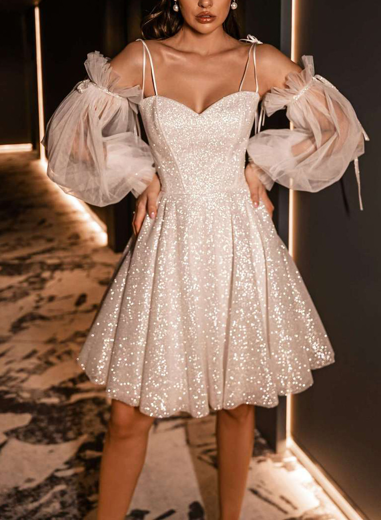 Sequined Detachable Long Sleeves Short Wedding Dresses, image 2