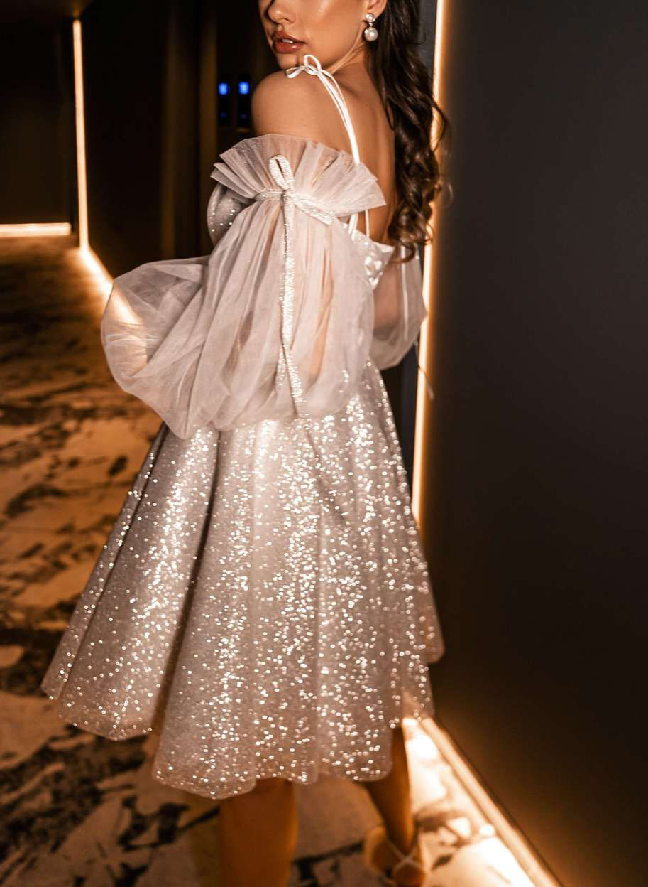 Sequined Detachable Long Sleeves Short Wedding Dresses, image 3