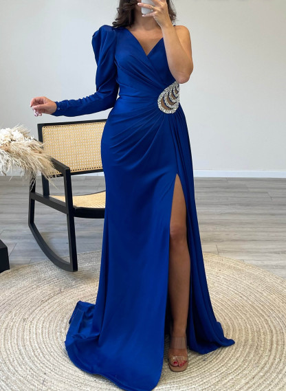 V-Neck Long Sleeves Open Back Sparkly Evening Dresses in Royal Blue, US2