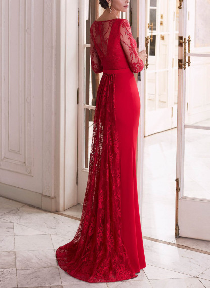 Elegant Lace Long Sleeves Elastic Satin Evening Dresses in Red, US2
