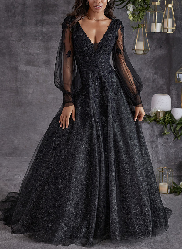 A-Line V-Neck Long Sleeves Sweep Train Lace/Tulle Wedding Dresses, product image 1