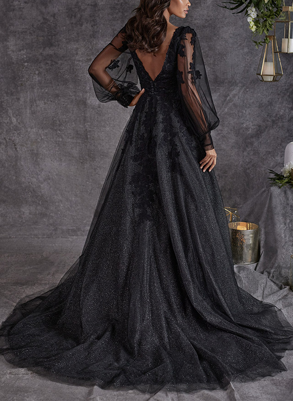 A-Line V-Neck Long Sleeves Sweep Train Lace/Tulle Wedding Dresses, product image 2