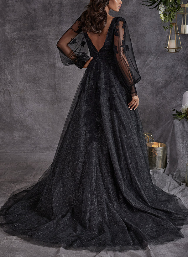 A-Line V-Neck Long Sleeves Sweep Train Lace/Tulle Wedding Dresses, product image 2