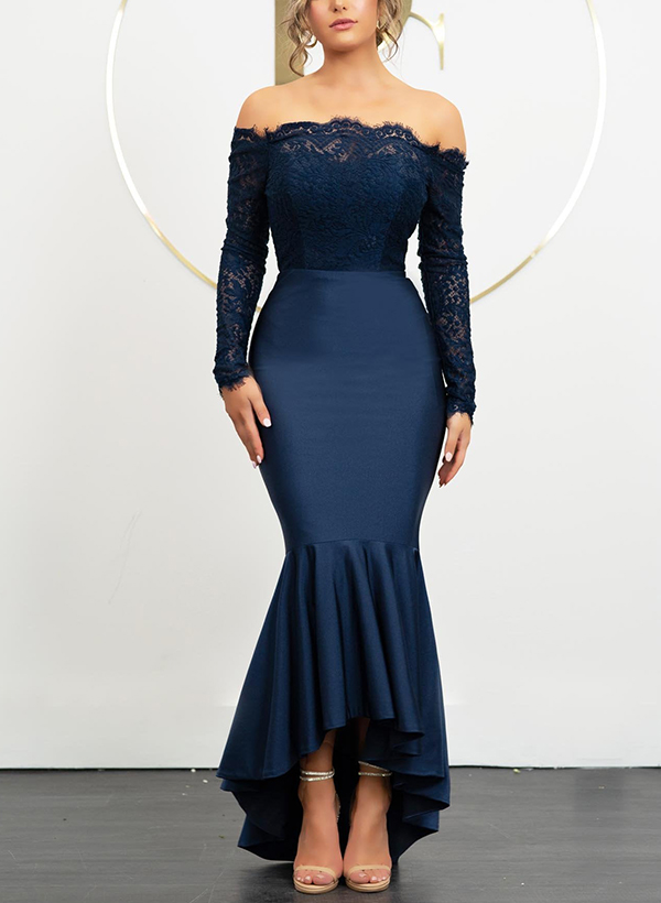 Mermaid Off-The-Shoulder Long Sleeves Lace Bridesmaid Dresses, image 2