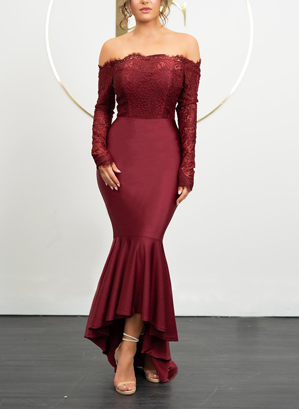 Mermaid Off-The-Shoulder Long Sleeves Lace Bridesmaid Dresses, image 4