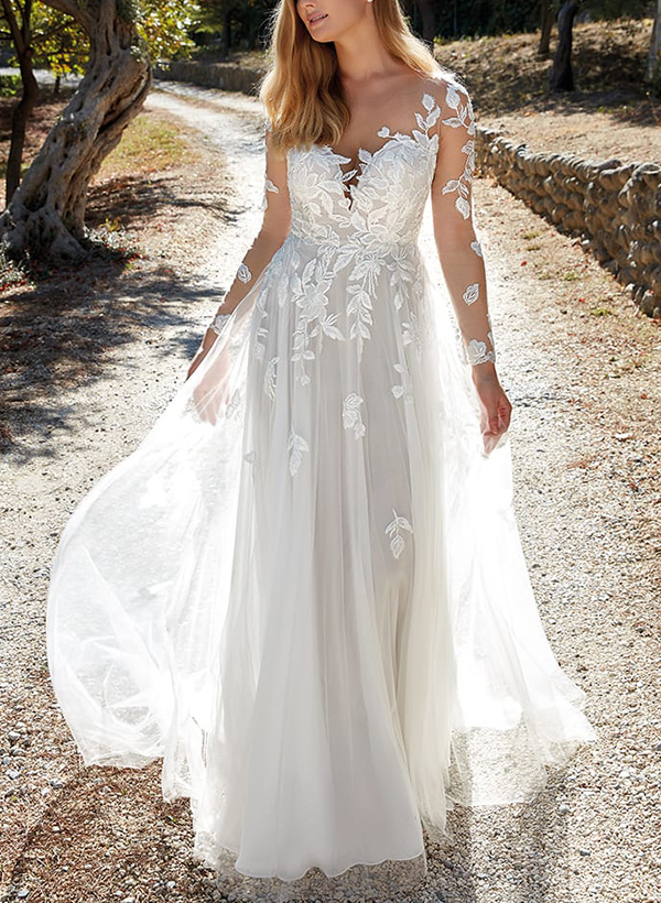 A-Line Illusion Neck Long Sleeves Sweep Train Lace Wedding Dresses, product image 1