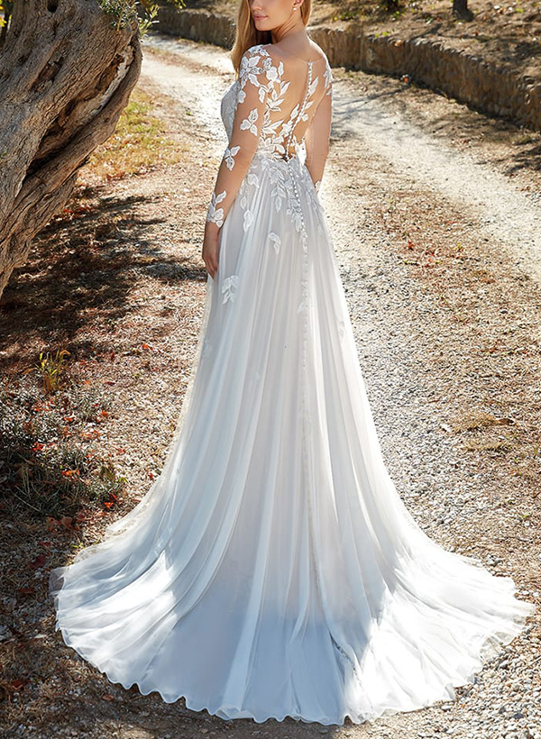 A-Line Illusion Neck Long Sleeves Sweep Train Lace Wedding Dresses, product image 3