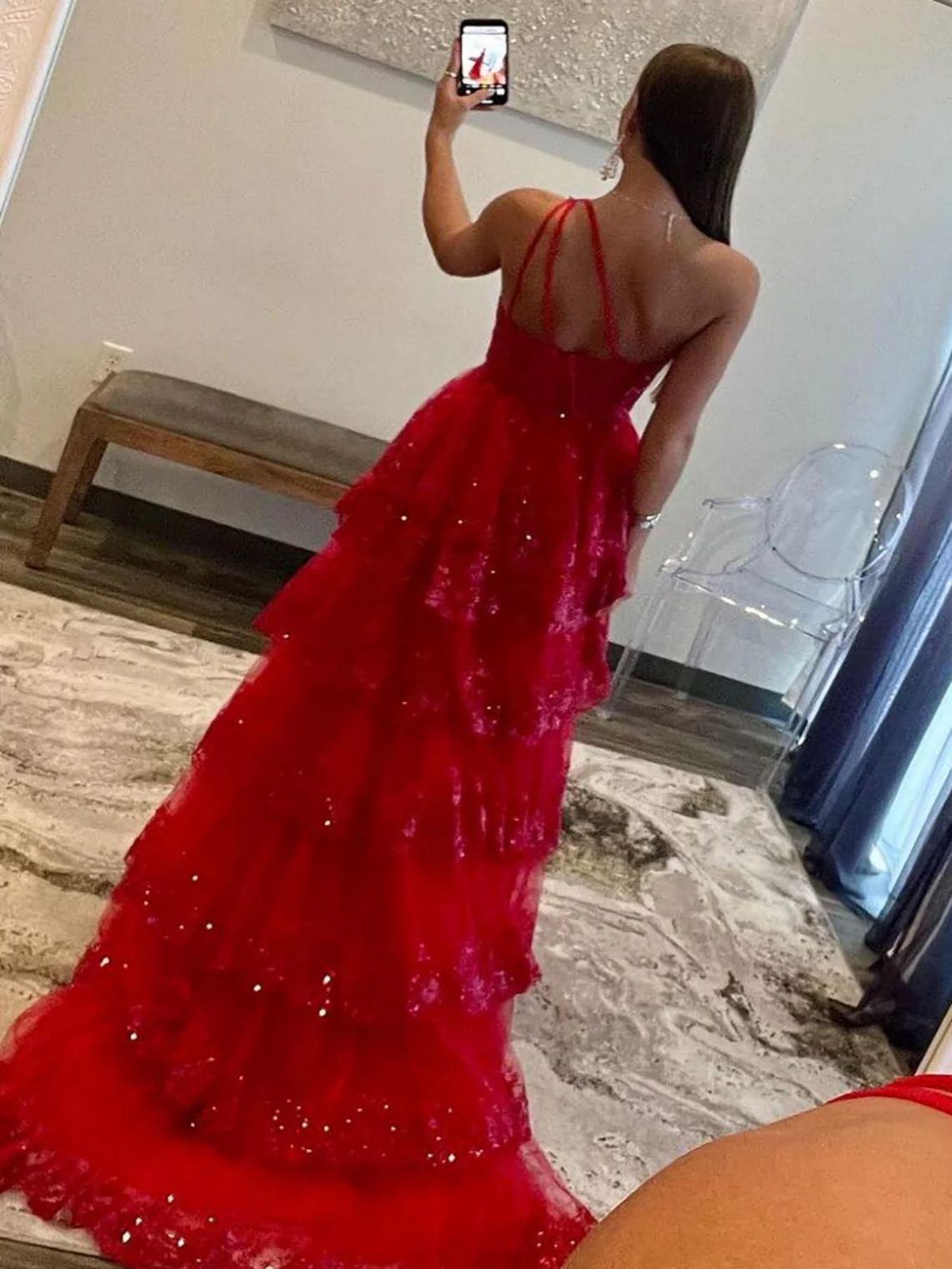 A-Line Dark Red Sequin One Shoulder Tiered Long Prom Dress With Slit