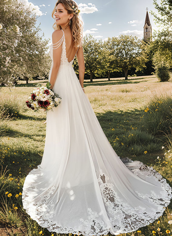 A-Line V-Neck Sweep Train Wedding Dresses With Lace Split Front, image 2