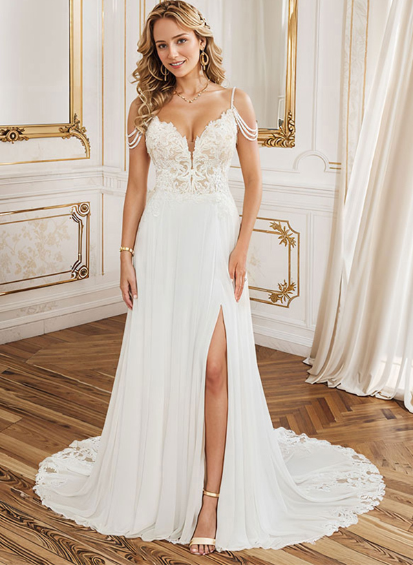 A-Line V-Neck Sweep Train Wedding Dresses With Lace Split Front, image 3