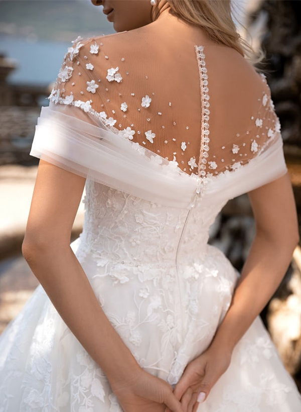 A-Line Illusion Neck Short Sleeves Sweep Train Lace Wedding Dresses, product image 4