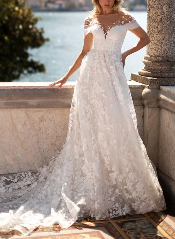 A-Line Illusion Neck Short Sleeves Sweep Train Lace Wedding Dresses, product image 2