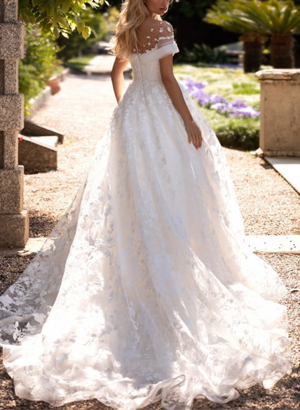 A-Line Illusion Neck Short Sleeves Sweep Train Lace Wedding Dresses, product image 1